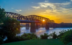bridge at sunset over Mississippi river
